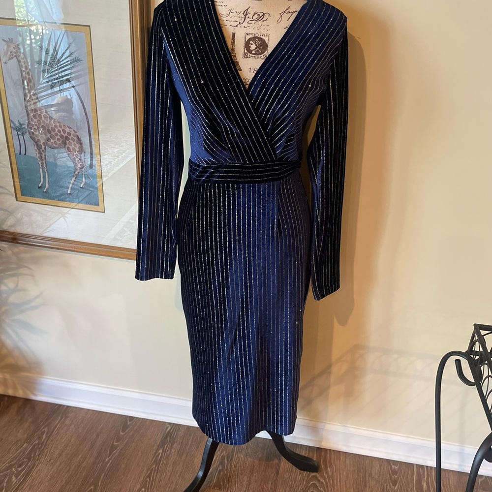 HER … BOTTARI Royal Blue Velour Silver Stripe Dress ~ L